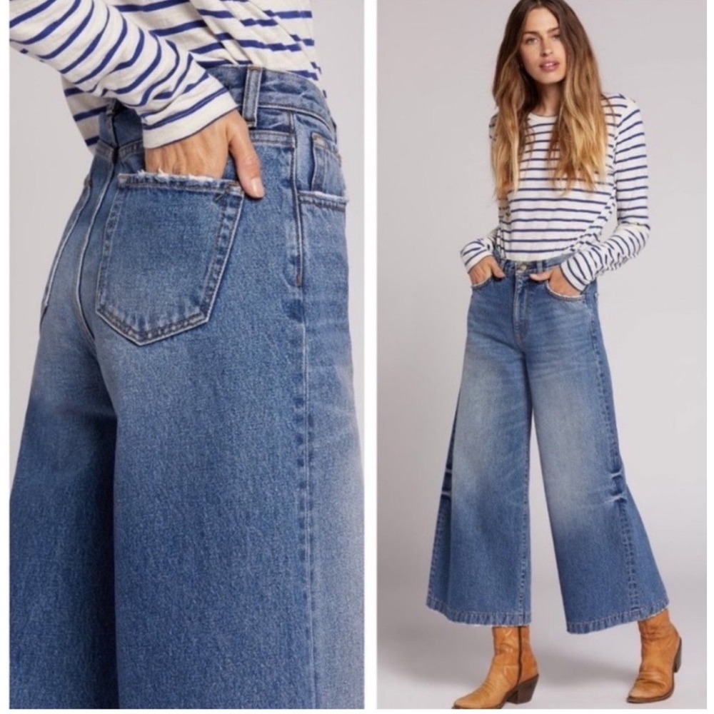 Current Elliott C/E Wide Leg Crop Jeans Bromes Blue High Rise Denim 24 NWT Boho